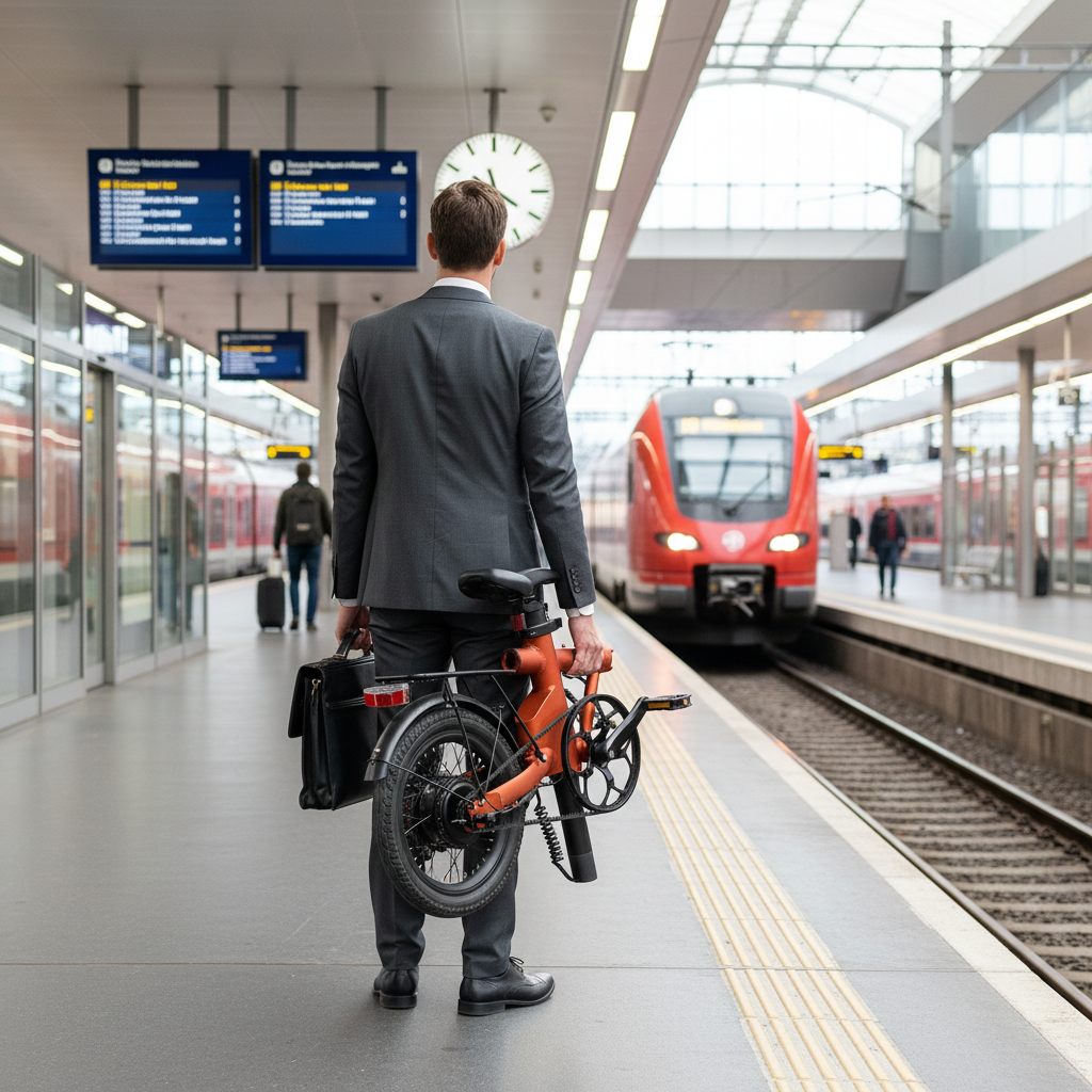 Mann mit Fahrrad am Bahnhof