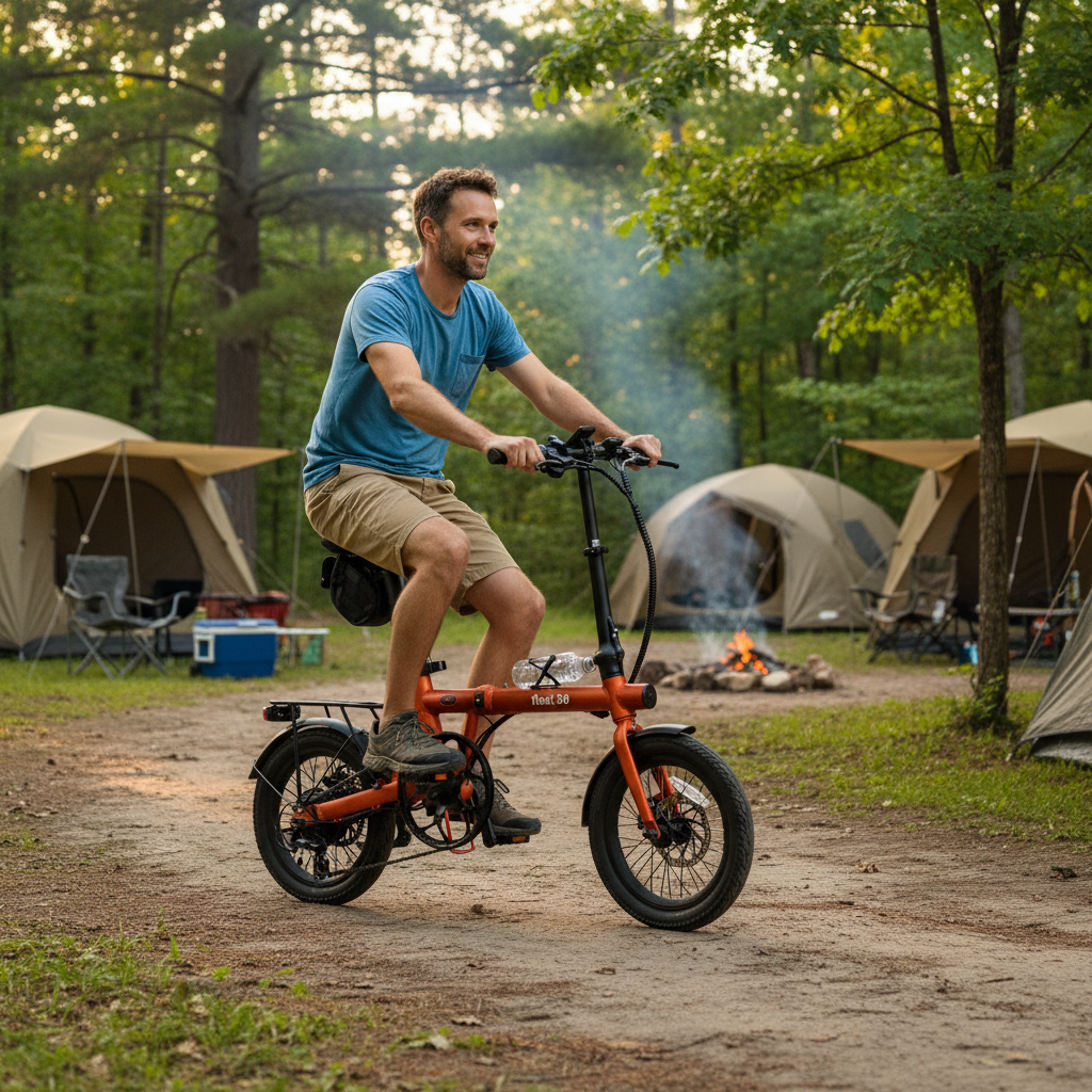 Mann fährt Fahrrad beim Camping